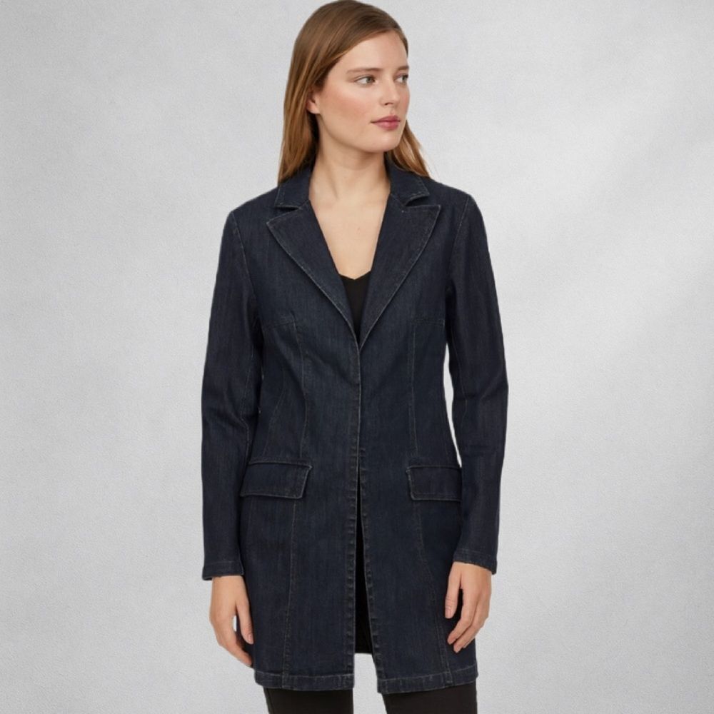 BISOU BISOU Womens Jacket Small Black Denim Coat Y2K 90s Hook Eye Longline Retro